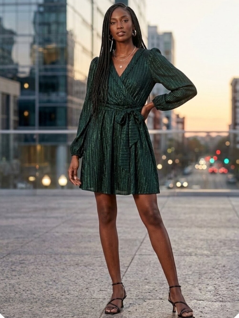 Modcloth Emerald Green Your Time to Shine Metallic Wrap Mini Dress